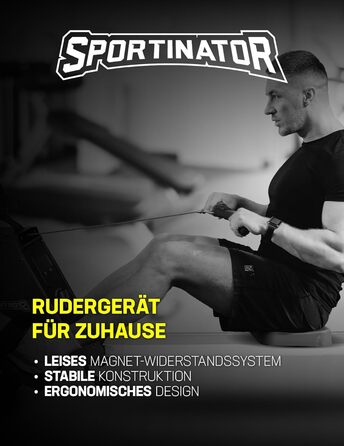 Гребний тренажер SPORTINATOR Apollon для дому, магнітний опір, цифровий дисплей, складаний, ергономічний, міцний корпус, до 130 кг, чорний