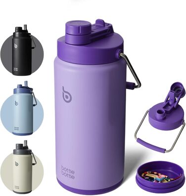 Термобутилка BOTTLE BOTTLE 1.8 л з трубочкою, пігулочницею та ручкою, сталева ізольована фляга для води, спорту та подорожей (фіолетова)