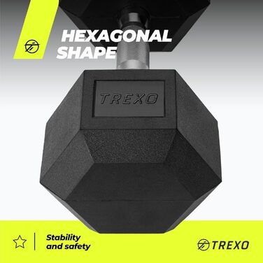 Гантеля TREXO Hex 17,5 кг, гексагональна, гумована, чавунна, для силових тренувань вдома, ергономічна ручка, міцна, універсальна