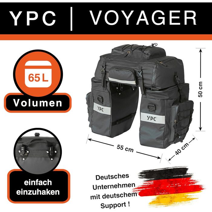 Велосумка YPC Voyager 65 л 3-в-1 для багажника, водонепроникна, міцна, рюкзак та бокові сумки, чорна