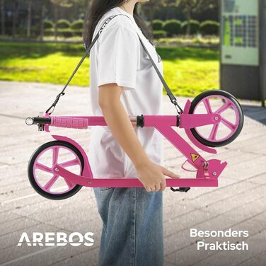 Самокат AREBOS Cityroller для дітей і дорослих, складаний, з регульованою висотою, XXL колесами, ременем для перенесення, гальмом, до 100 кг