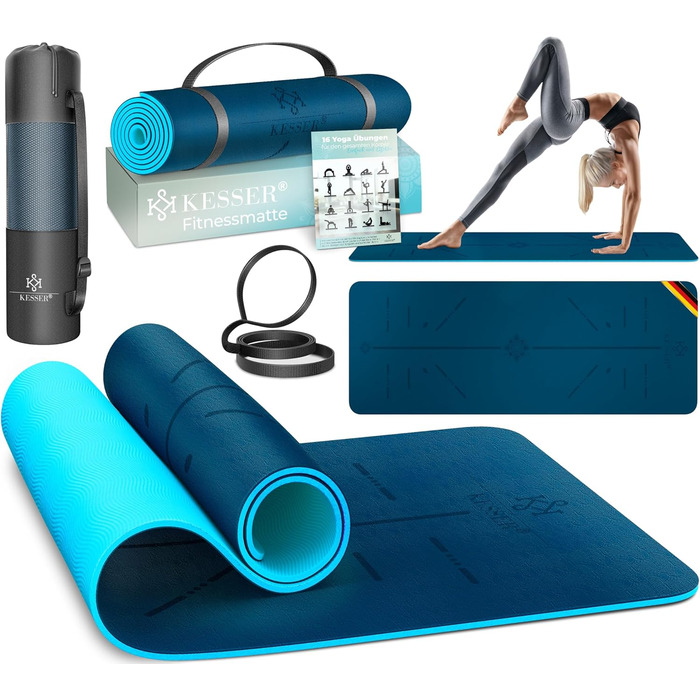 Килимок для гімнастики KESSER® з ручкою для перенесення, антиковзкий, TPE, з підкладкою, фітнес, спортивний, для фітнесу, пілатесу та гімнастики, 183 x 61 см, темно-синій / синій