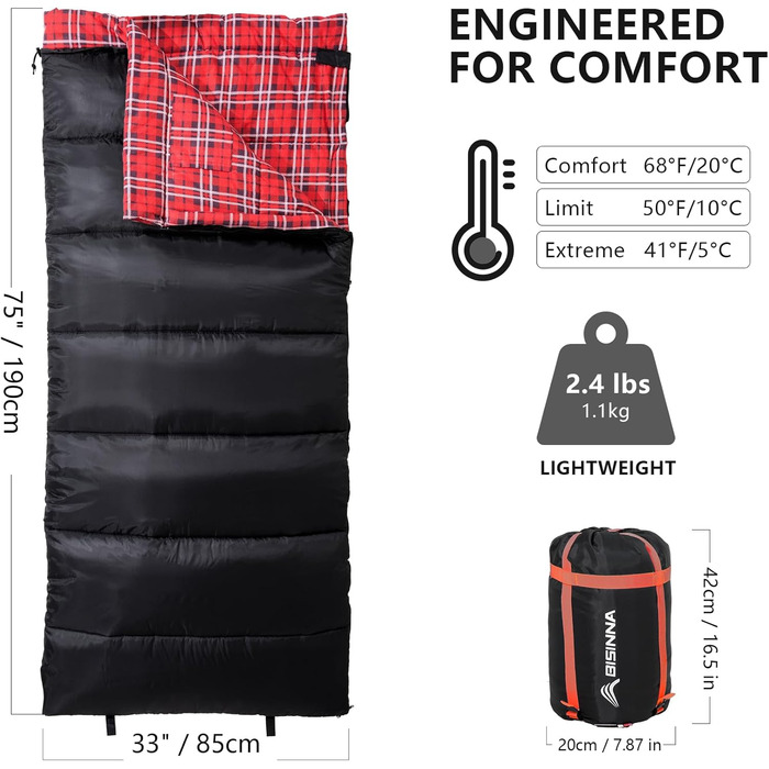 Спальний мішок BISINNA XL з фланелі з бавовни для кемпінгу, 2-3 сезони, дорослий, для походу, кемпінгу, дому та вулиці, з компресійним мішком (Чорний, 1.1 кг)