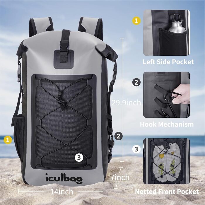 Водонепроникний рюкзак 40L Dry Ferm Bag для пляжу та подорожей (Сірий)