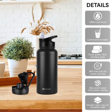 Термос пляшка з нержавіючої сталі 1 л з 2 кришками, трубочкою, BPA Free, вакуумна, подвійна ізоляція, не протікає, підходить для газованих напоїв, для спорту, подорожей, кемпінгу