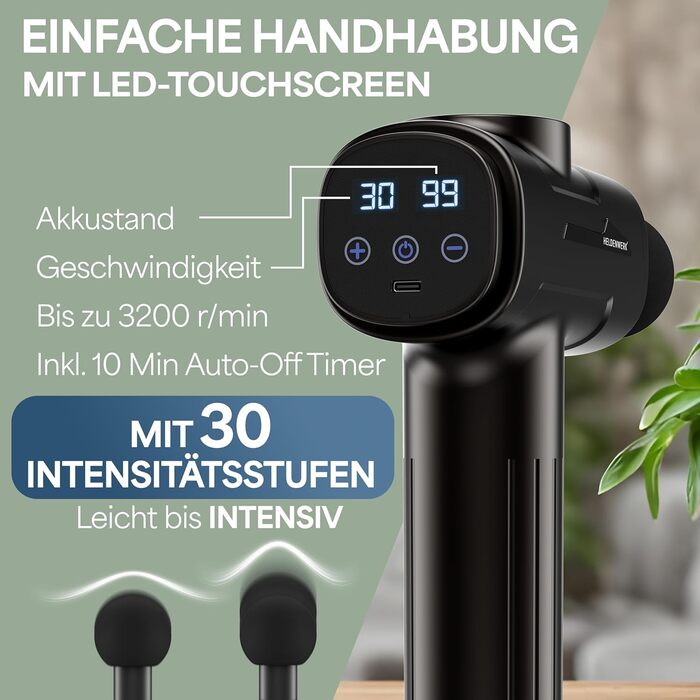Масажний пістолет з 6 насадками та 30 швидкостями, USB-C, LCD, для м'язів, чорний