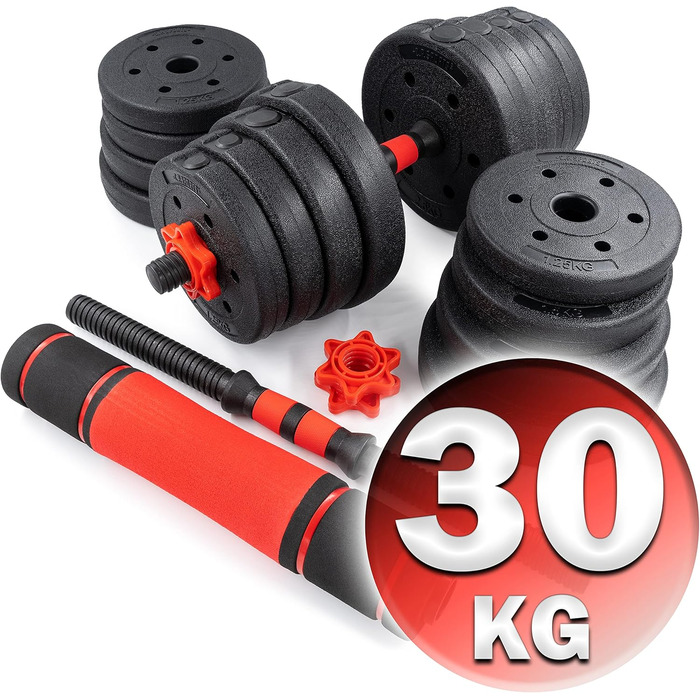 Набір гантелей і штанги C.P.Sports 2-в-1 30 кг, регульований, для фітнесу та силових тренувань, домашній спортзал, червоно-чорний