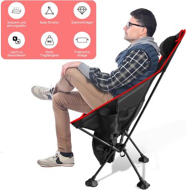 Складний туристичний стул Bindokun 120кг, ультралегкий, компактний, з кишенями та підголівником, для риболовлі та піших прогулянок (червоний)