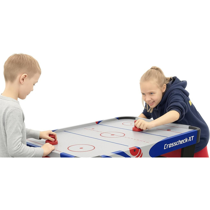 Airhockey стіл Carromco Crosscheck-XT – ігрове поле з високоглянцевим покриттям, вентильоване поле, 2 шайби та 2 ракетки, розмір 79x122x61 см, синій, для дітей та дорослих