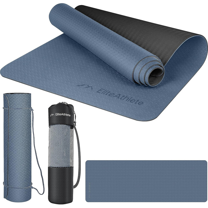 Килимок для йоги EliteAthlete 183x61x0,6 см, не ковзає, з ременем і чохлом, для фітнесу, пілатесу, спортзалу, чорний-синьо-синій