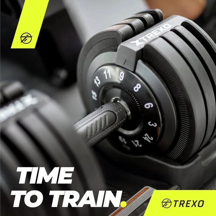 Регульована гантель TREXO 18-40 кг з поворотним регулятором ваги. Залізна гантель для силових тренувань з ергономічною ручкою.