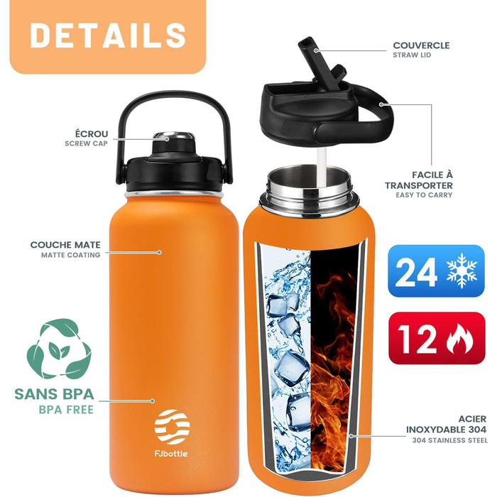 Fjbottle пляшка для води з нержавіючої сталі зі соломинкою 950/1200 мл, 2 кришки, BPA Free, герметична термофляга для спорту, велосипеда, школи, газованої води, фітнесу