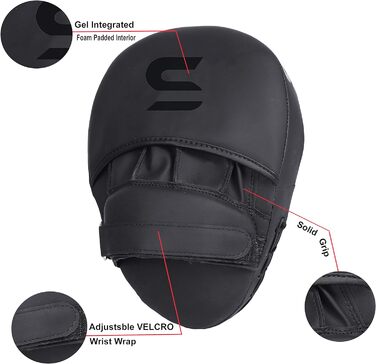 SAWANS® Box Fokus Pads з гаками та рукавичками для удару, штучна шкіра, кікбоксинг, MMA, вигнута рука, щит для ударів, цільові подушки, бойовий спорт, тренування Муай-Тай (матова чорна)