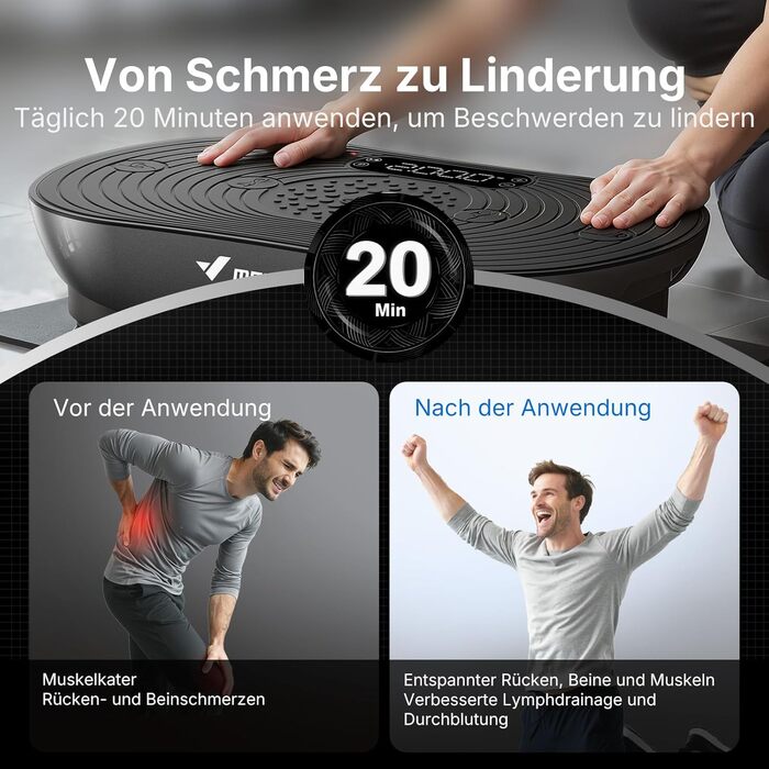 Вібраційна платформа MERACH для тренувань та формування тіла, 99 рівнів швидкості, Bluetooth, LED-дисплей, еластичні ремені, чорний