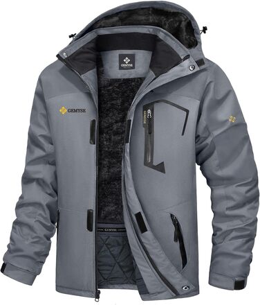 Чоловіча тепла зимова куртка GEMYSE для катання на лижах, вітро- та водонепроникна, дихаюча, з багатьма кишенями, з капюшоном (Сірий, M)