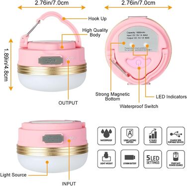 2 шт. LED кемпінгові ліхтарі Flintronic: 5 режимів, SOS, водонепроникні, портативні, для намету, туризму, риболовлі та надзвичайних ситуацій (оранжевий, рожевий, міні)