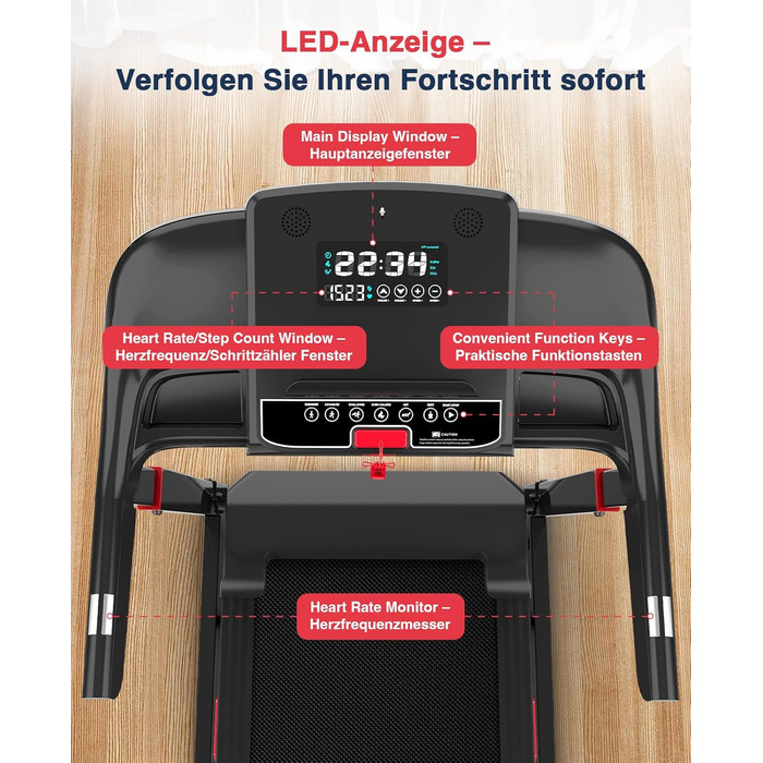 Біговий тренажер Redliro з автоматичним нахилом 15% - складний, до 160 кг, з регульованим поручнем та Bluetooth, для дому