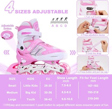 Дитячі ролики-інлайни з підсвічуванням, регульовані, для хлопчиків та дівчаток, рожево-білі, розмір L