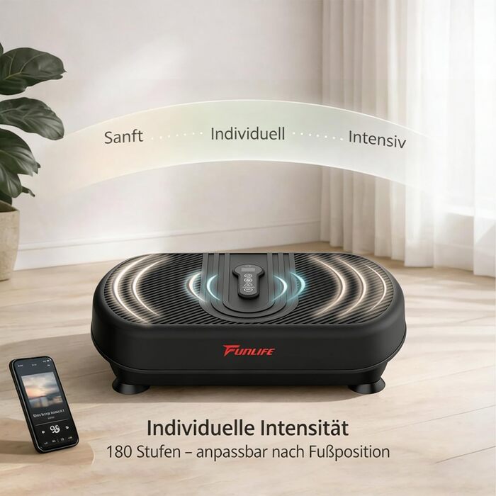 Віброплатформа Funlife 120кг, 180 рівнів, 5 програм, Bluetooth, динаміки + троси для тренувань, чорна