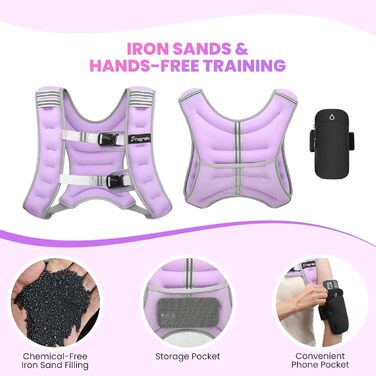 Вага для тренувань FraGraim з регулюванням ваги 8/10/12 кг, з кишенею для телефону та світловідбиваючими смугами, для фітнесу, кардіо та ходьби, фіолетовий