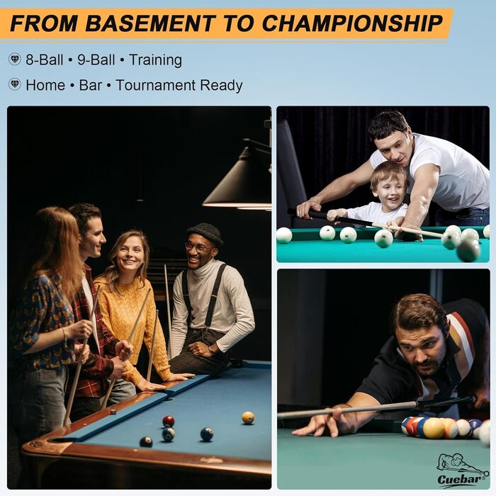 CUEBAR Більярдний кий, 147.3 см, 2-секційний з горіха, з наконечником 13 мм та льоновим грифом, для домашньої більярдного столу, для дорослих, 8 кольорів, 4 варіанти ваги (510 г, 538 г, 567 г, 595 г), колір: зелений, вага: 540 г