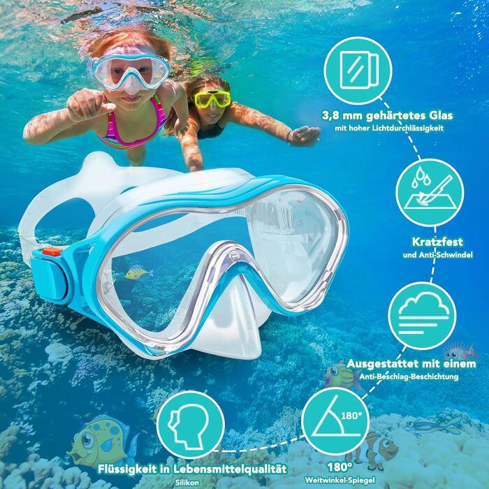 Набір для снорклінгу для дітей з ластами, маска з панорамним оглядом 180°, регульовані ласти, високоякісна маска та сухий снорк. для плавання (небесно-блакитний)