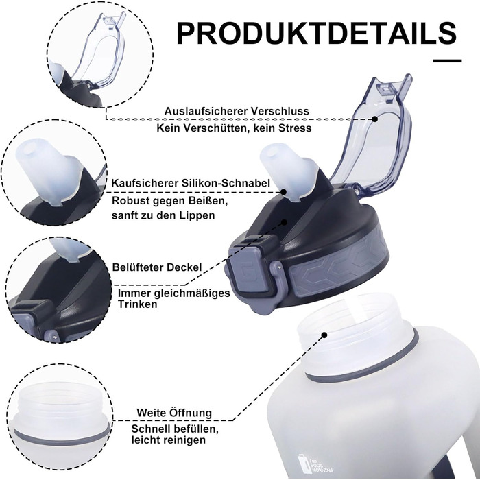 Фляга для води GEMFUL 2.2 л зі трубочкою, велика спортивна пляшка з маркуванням часу, BPA-free, для фітнесу, велоспорту, активного відпочинку та роботи (Білий/Чорний)