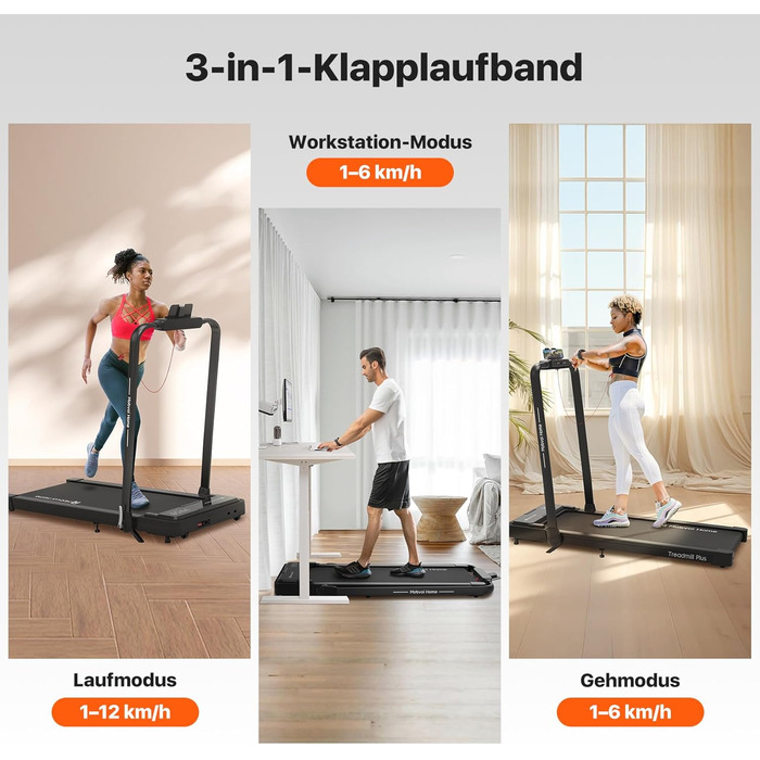 Біговий тренажер Mobvoi Home Laufband Plus: Розумний AI 3-в-1, складний, 2.5 PS, LED-дисплей, динаміки, велика поверхня для бігу, додаток TicSports, до 120 кг, швидкість до 12 км/год, регулювання нахилу