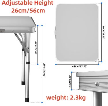 Складаний столик Qimu 60 см, з алюмінію, регульована висота 26/56 см, для саду та пікніка, білий