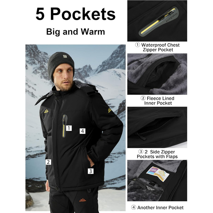 Чоловіча флісова куртка MAGCOMSEN на зиму: тепла, водонепроникна, з капюшоном для туризму та кемпінгу (чорний, L)