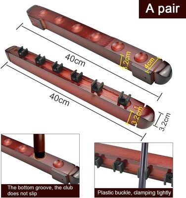 Держатель для бильярдных київ DURANTEY: настінна підставка для 4 київ з дерева, червона, з кріпленням та гумовими вставками (40 x 4 x 3,2 см)
