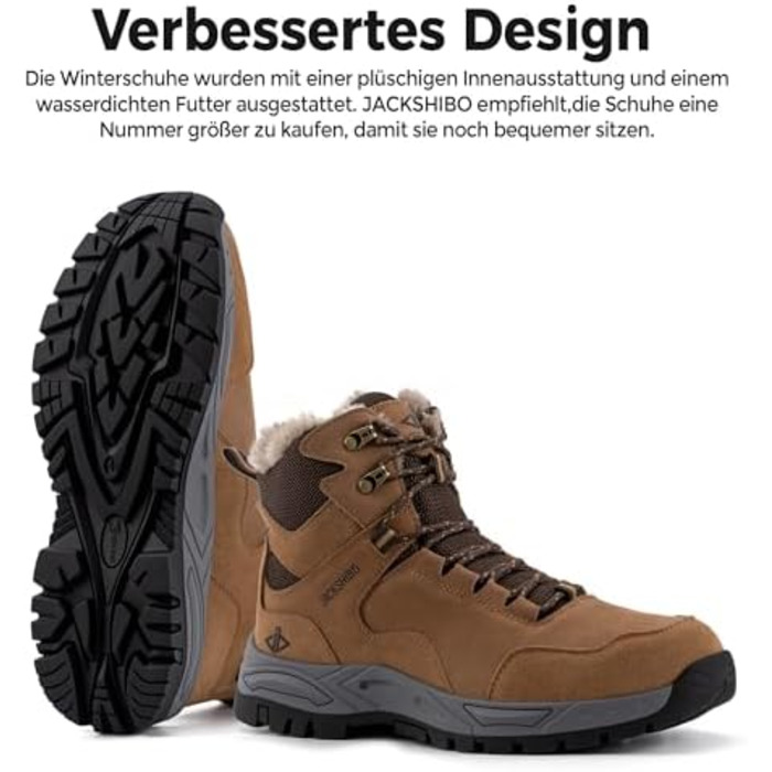 Зимові черевики JackShibo для чоловіків та жінок: водонепроникні, утеплені, антиковзаючі, для походів та трекінгу, 42 EU, коричневі