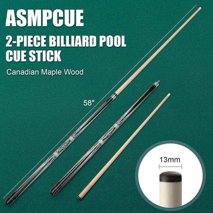 Більярдний кий Pool Queue 58 дюймів, тверде дерево, 13 мм наконечник, для професійних гравців, 1/2 кий, чорний