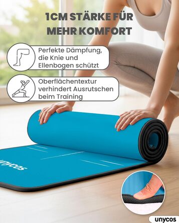 Килимок для йоги Unycos з неслизькою поверхнею | Висока щільність 6/10/15 мм, тренувальний килимок для гімнастики з ременем для перенесення, з електронною книгою. Дружній до шкіри фітнес-килимок для пілатесу, тренувань, спортзалу (#21 Синій + Чорний, 183*