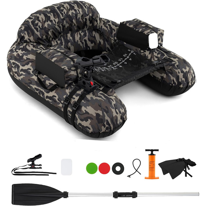 Надувний човен GYMAX для риболовлі з насосом, веслами, ластами та тримачами для вудлищ, belly boat з сіткою для риби та столиком для приманок, вантажопідйомність до 150 кг, камуфляж