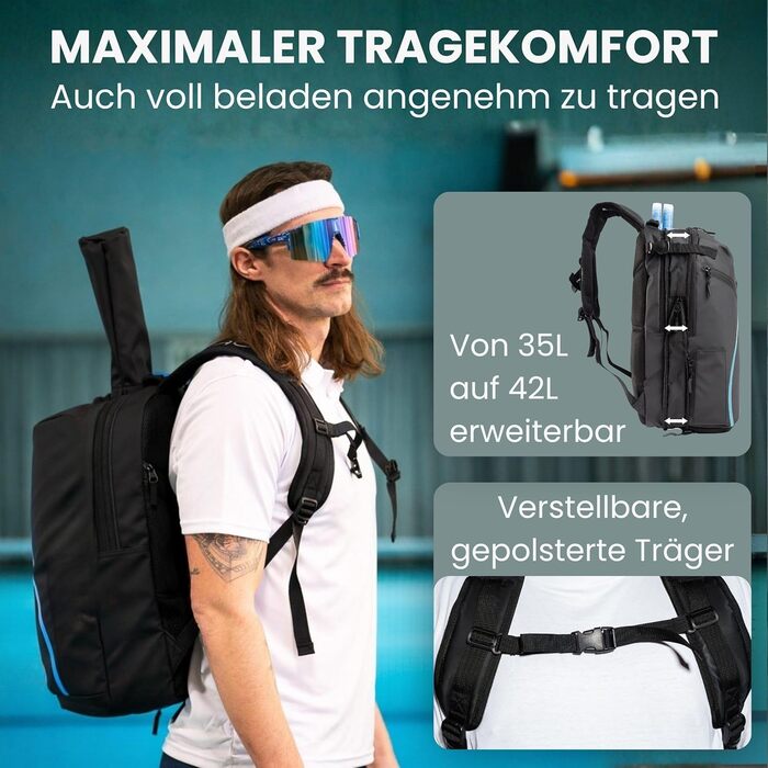 Рюкзак для тенісу Otaro з відділенням для взуття, ноутбука та термо-відділенням для ракеток, 42л, Чоловічий/Жіночий, з кишенями для води та м'ячів, з дощовиком та мішком для брудної білизни - Чорно-Синій