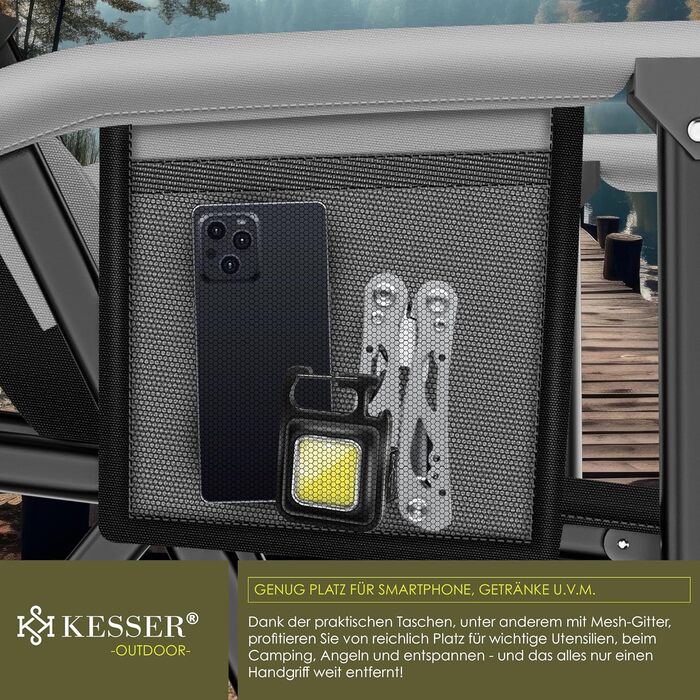 Крісло для кемпінгу KESSER® з високою спинкою, 160 кг, з підлокітниками, кишенею для напоїв та світлом, сіре/чорне