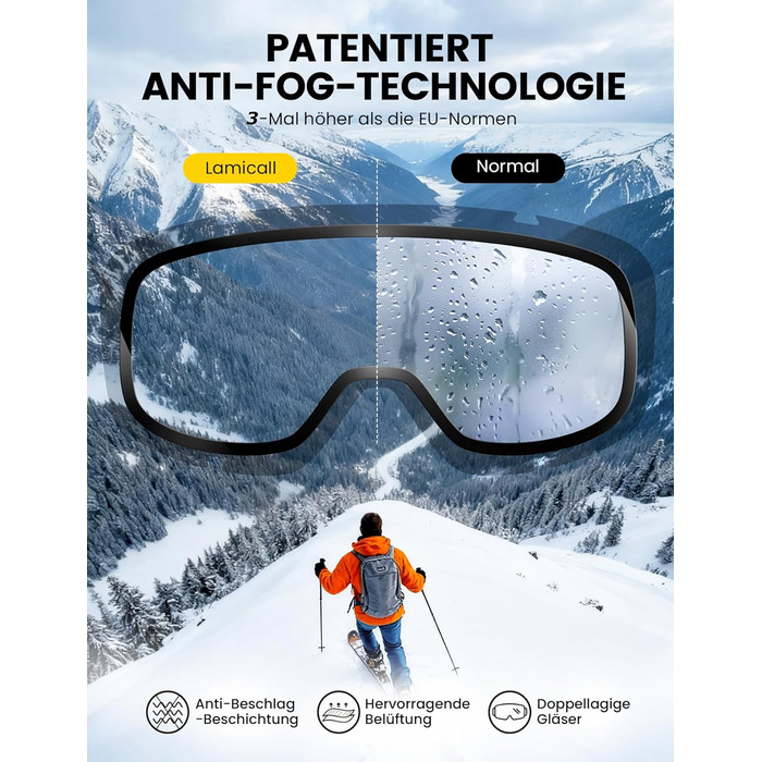 Ламікал - скі-маска для жінок та чоловіків, сноуборд маска з антизапітніючою технологією, дзеркальна, для носіїв окулярів, захист від сонця UV400, чорний каркас, блакитне скло (VLT: 11%)