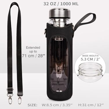 Скляна пляшка DEARRAY 1 л з фільтром для чаю та кави, BPA Free, чорна, термостійка, для холодного заварювання та напоїв на ходу