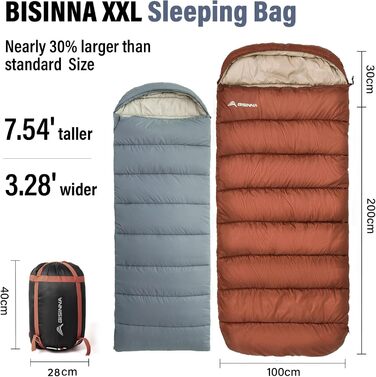 Спальний мішок BISINNA XXL для великих дорослих, 3-4 сезони, зимовий, теплий, ковдровий, для кемпінгу, оранжевий, ліва блискавка, 2.5 кг