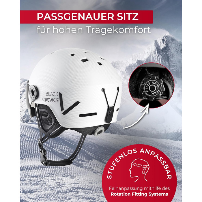 Шолом гірськолижний BLACK CREVICE Kaprun з візором, унісекс | Шолом для сноуборду та лиж, S/M (54-57), білий матовий карбон / чорний, дихаючий, регульований