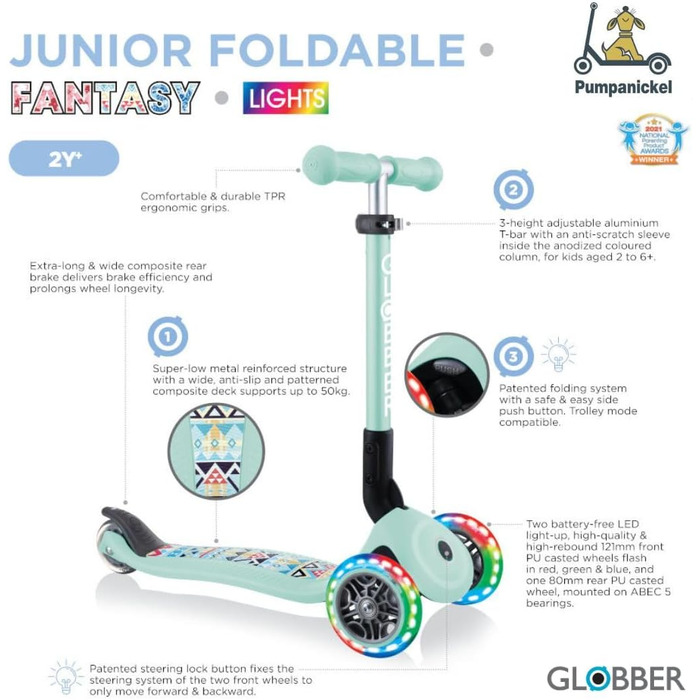 Самокат трьохколісний GLOBBER Junior Fantasy Lights, 120/80 мм, ABEC 5, складаний, LED-колеса, блакитний