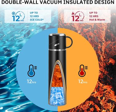 Термос IAGORYUE з нержавіючої сталі, 0.55л, з витокозахисним кришкою та ручкою, двостінний, зберігає тепло/холод до 12 годин, для спорту, офісу, відпочинку на природі, чорний