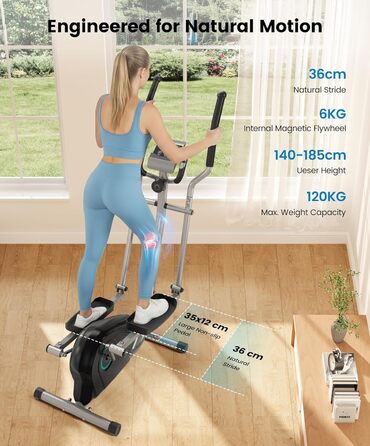 Крос-тренажер THERUN, ультратихий еліптичний тренажер для дому, 6 кг маховик, 16 рівнів опору, датчик пульсу, LCD-монітор, тримач для пляшки, блакитний