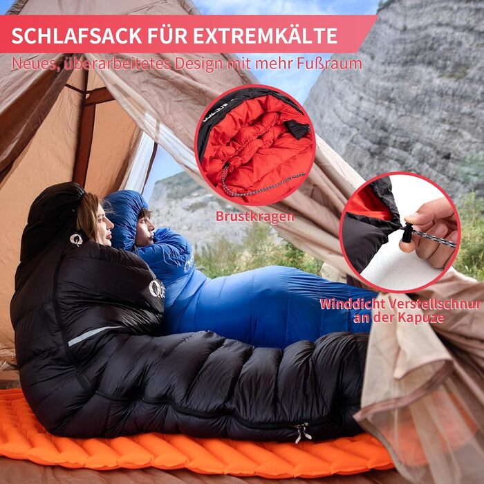 Спальний мішок пуховий, 4-сезонний, зимовий -3°C до -20°C. Підходить для кемпінгу, походів та відпочинку на природі для дорослих та дітей. Чорний, температурний режим -3°C до -12°C