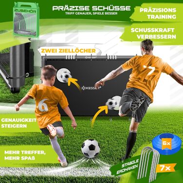 Ворота футбольні KESSER® для саду, міцні, для тренувань, з UV-стійким сіткою, сталевий каркас з оббивкою, фіксатори для землі, насос, конуси, аксесуари для монтажу (240см, з торговою панеллю, антрацит)