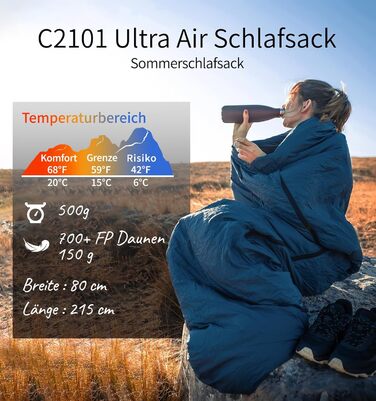 Спальник Litume Ultra Kompakt пуховий для літа та 3 сезонів, 700+ Fill Power, ультралегкий мумія, для туризму, подорожей, кемпінгу, 15°C