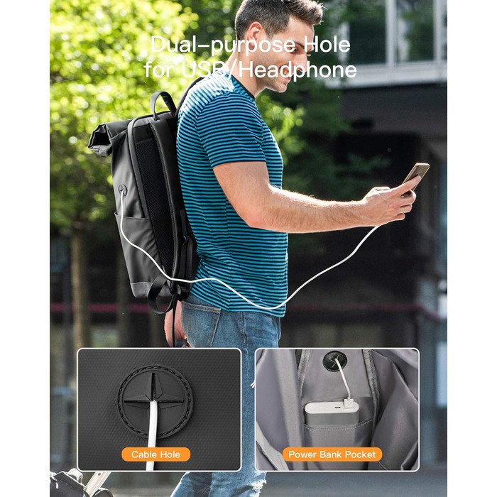 Міський рюкзак Inateck RollTop 25-30 л, чорний, для ноутбука 17'' – універсальний для чоловіків і жінок, велосипедний, шкільний, для університету, роботи, спорту та подорожей