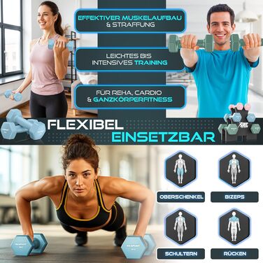 Набір гантелей 3 пари (1-5 кг, 12 кг або 18 кг) зі стійкою та 3 фітнес-гумками | Нековзкі гантелі з неопрену для жінок та чоловіків | Набір гантелей рожевого, блакитного та небесно-блакитного кольорів 12 кг