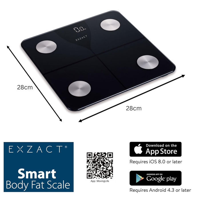 Цифрова вага для тіла та аналізу жиру Exzact з підключенням до App (iOS & Android) - Bluetooth, 180 кг, kg/st/lbs, чорний колір